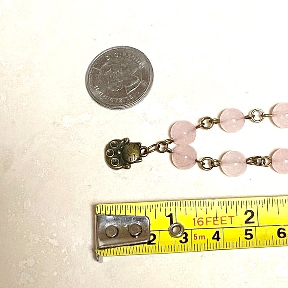 Natural Pink Rose Quartz Necklace, Bronze Fortune Cat + Genuine Gemstone Choker - Picture 12 of 14